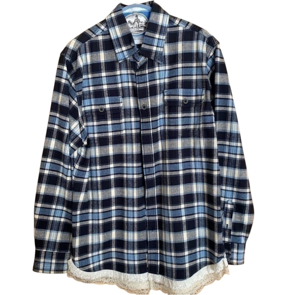 Jachs Navy Blue Buffalo Plaid Reworked Flannel Lace Oversized Upcycle Shirt